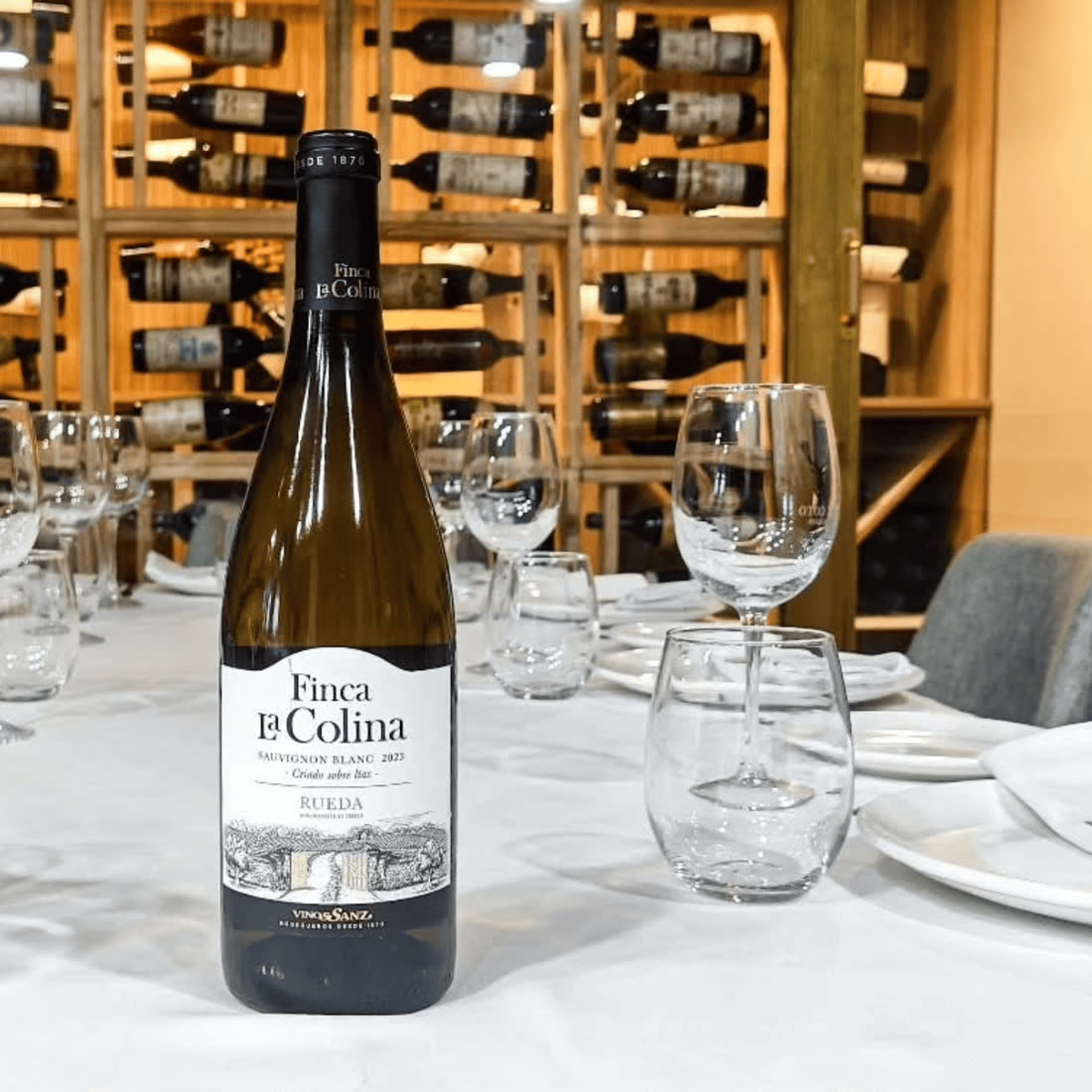 Copa de vino blanco junto a la bodega